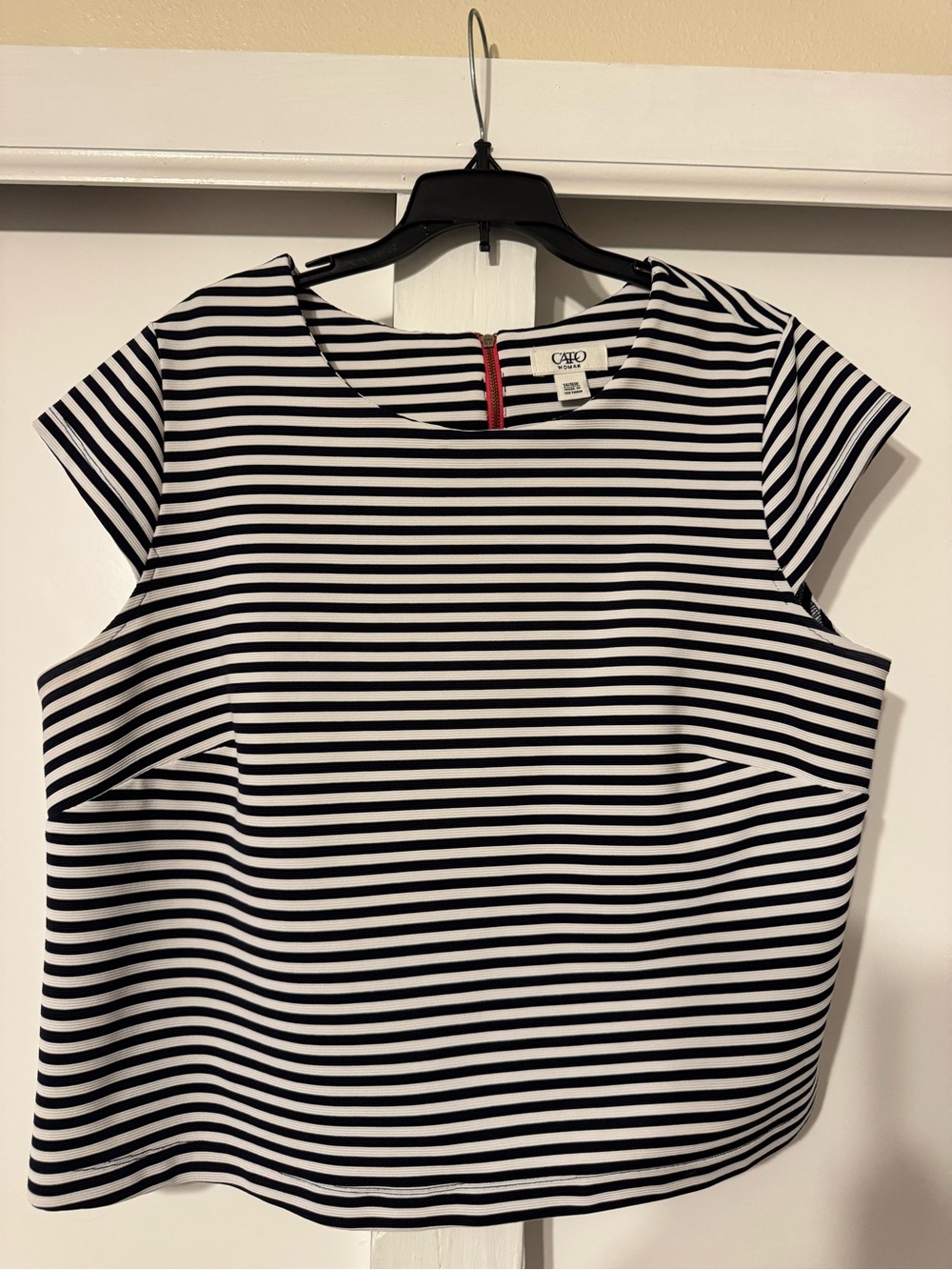 Cato Black and White Striped Cap Sleeve Top with Red Zipper Detail